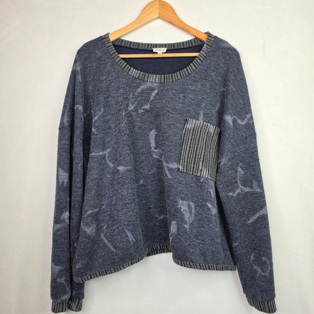 POL Womens Blue Acid Wash Oversized Cropped Sweater Stripe Pocket sz M